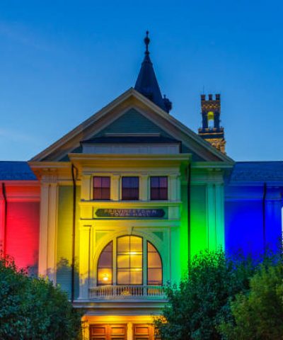 Town Hall of Provincetown Massachusetts USA August 2017 at the end of Cape Cod Provincetown has a large gay population of residents and tourists.